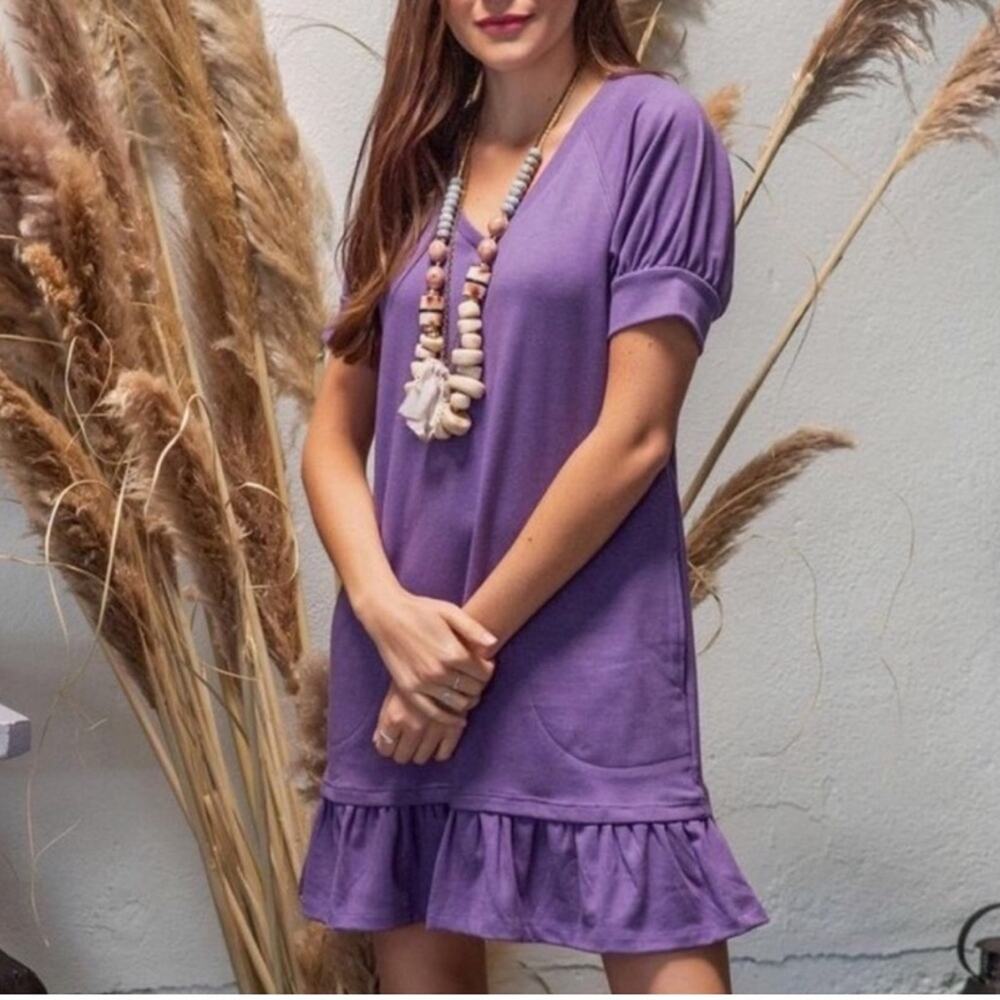 EVY’S TREE Dress Medium Mikela Grape Drop Waist Ruffle Casual Stretchy Pockets